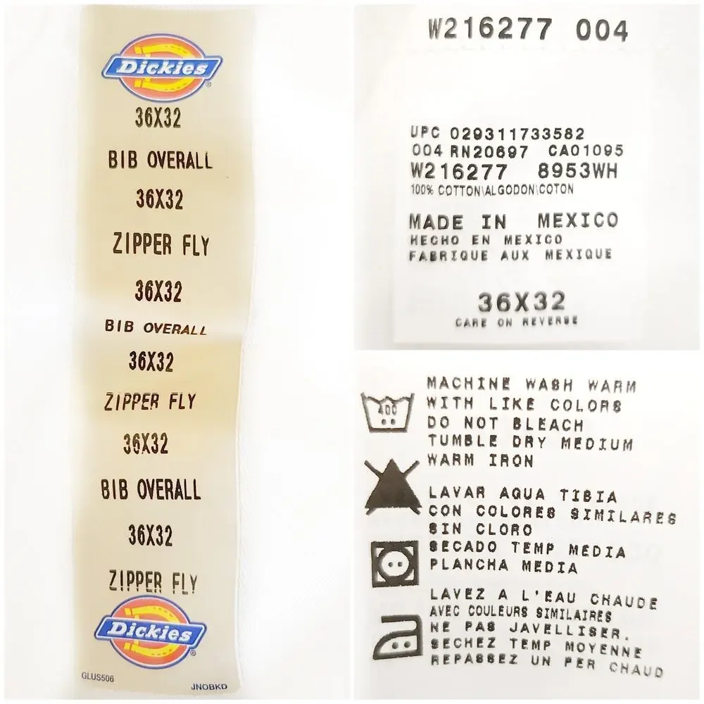 DICKIES Traditional Fit white classic denim Painters Bib Overalls Sz 36 x 32 NEW